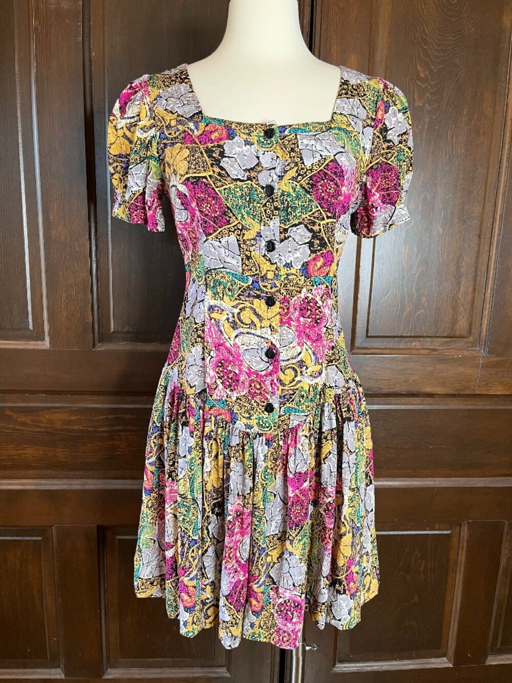 Vintage Rampage Dress Abstract Rayon Button Front Puff Sleeves Drop Waist Sz S/4